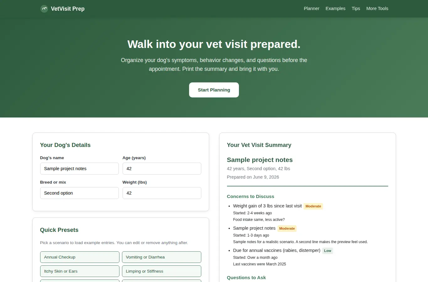 Screenshot of VetVisit Prep - Dog Vet Visit Question Planner interface showing the project page in use